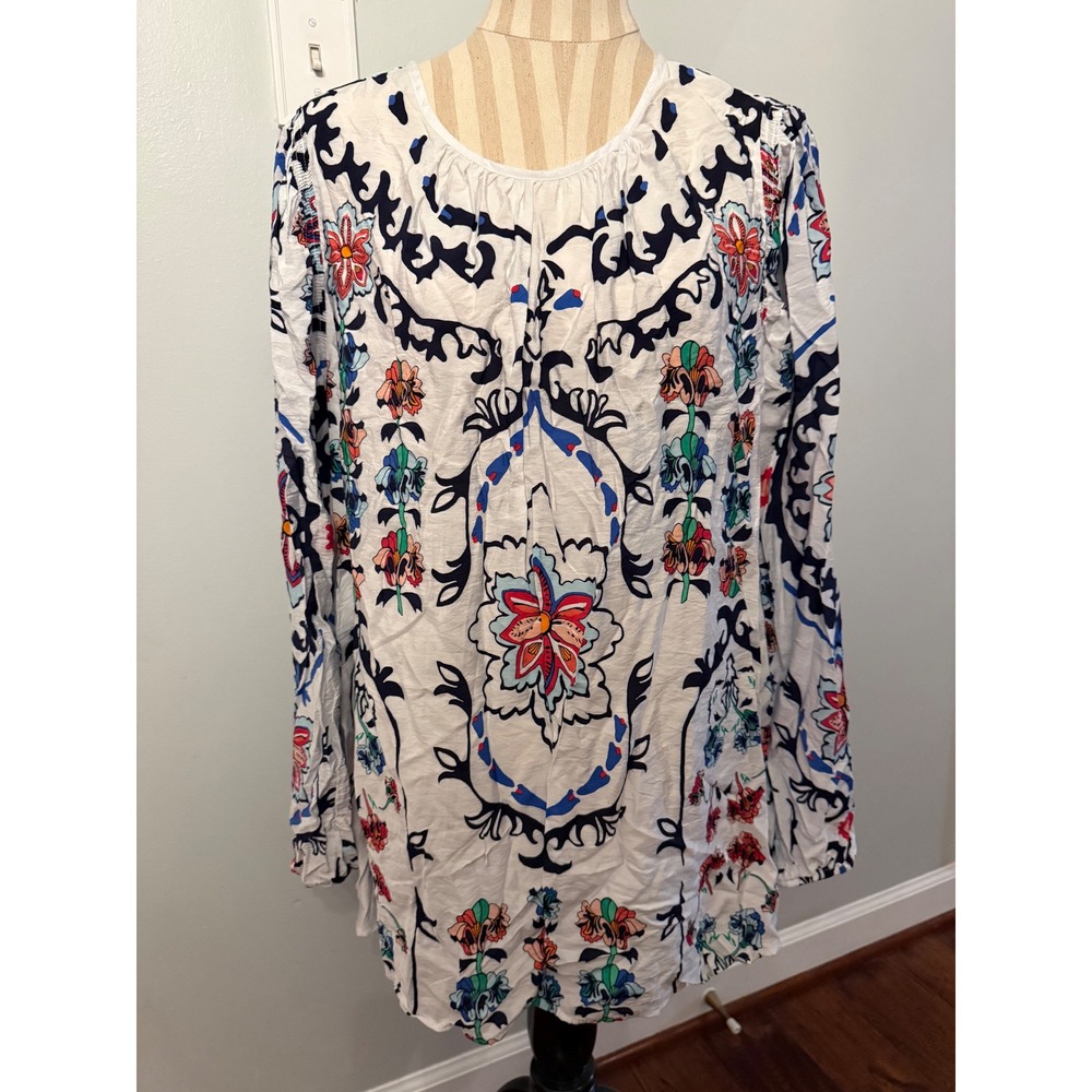 Lane Bryant Floral Medallion Tunic Top White Long Sleeve Boho Blouse Size 22